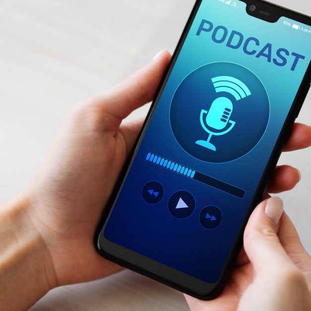Podcast playing or recording application on mobile phone screen. Internet radio media concept. Podcast playing or recording application on mobile phone screen. Internet radio media concept